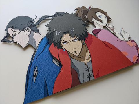 photo of cut paper art featuring a trio of characters from the anime Samurai Champloo