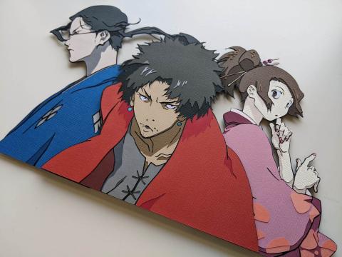 photo of cut paper art featuring a trio of characters from the anime Samurai Champloo