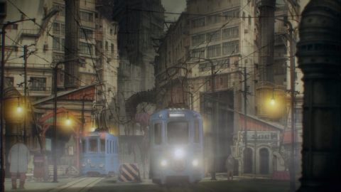 image from Dorohedoro anime, showing a street scene in Hole