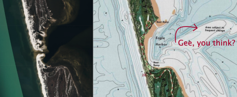 satellite image of the breach in St Joseph Peninsula, compared to map showing no breach