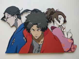 photo of cut paper art featuring a trio of characters from the anime Samurai Champloo